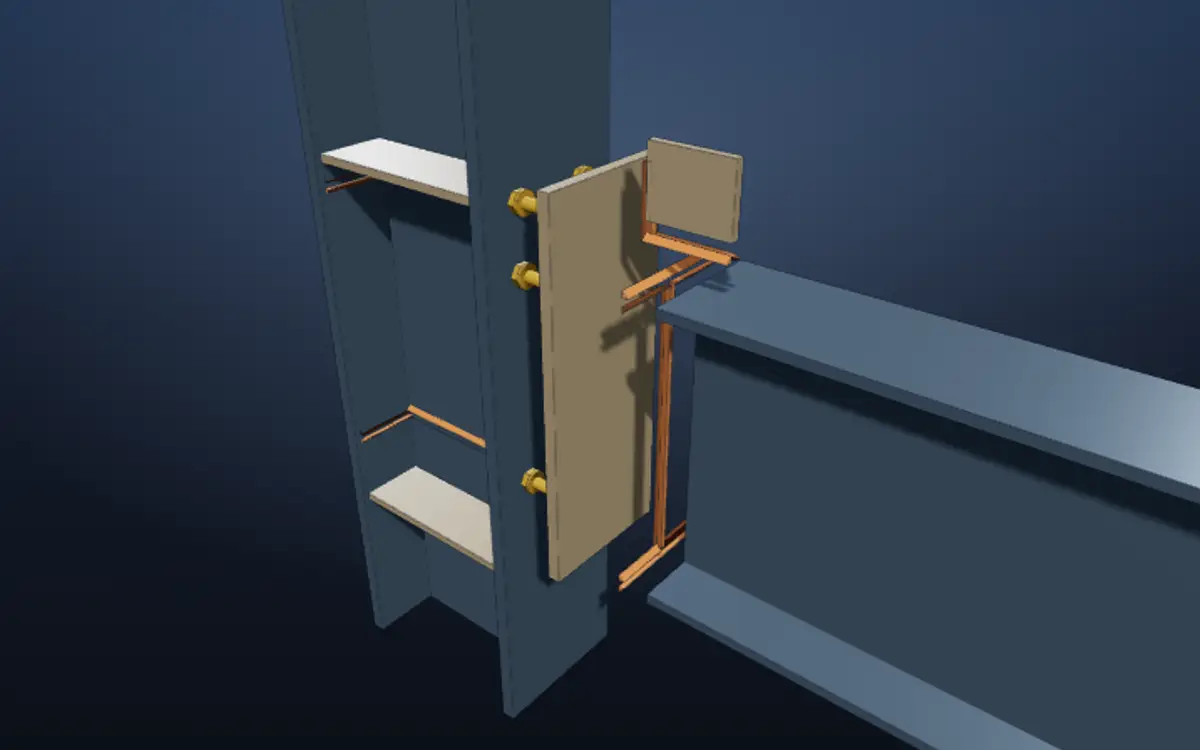 Exploded reference model of a 4-bolt extended stiffened end-plate connection.