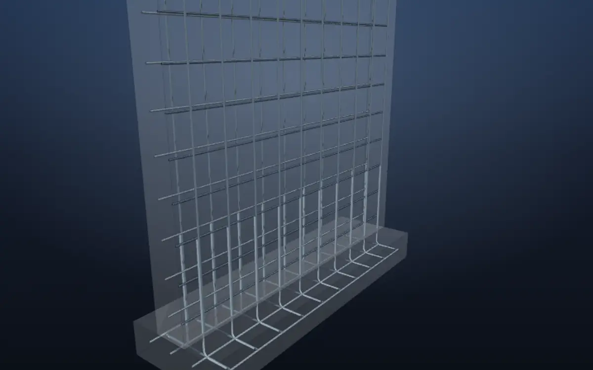 X-ray view of the basement wall reference model, with the rebar cage visible.
